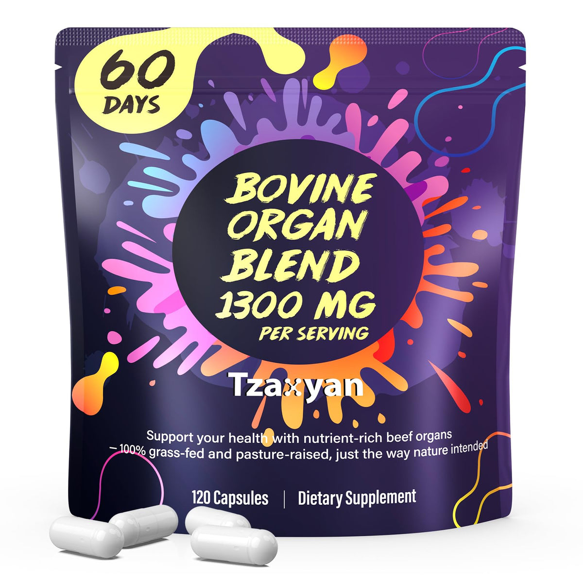 Flacon de capsules tzaxyan Complément Alimentaire Organes de Bœuf 1300mg