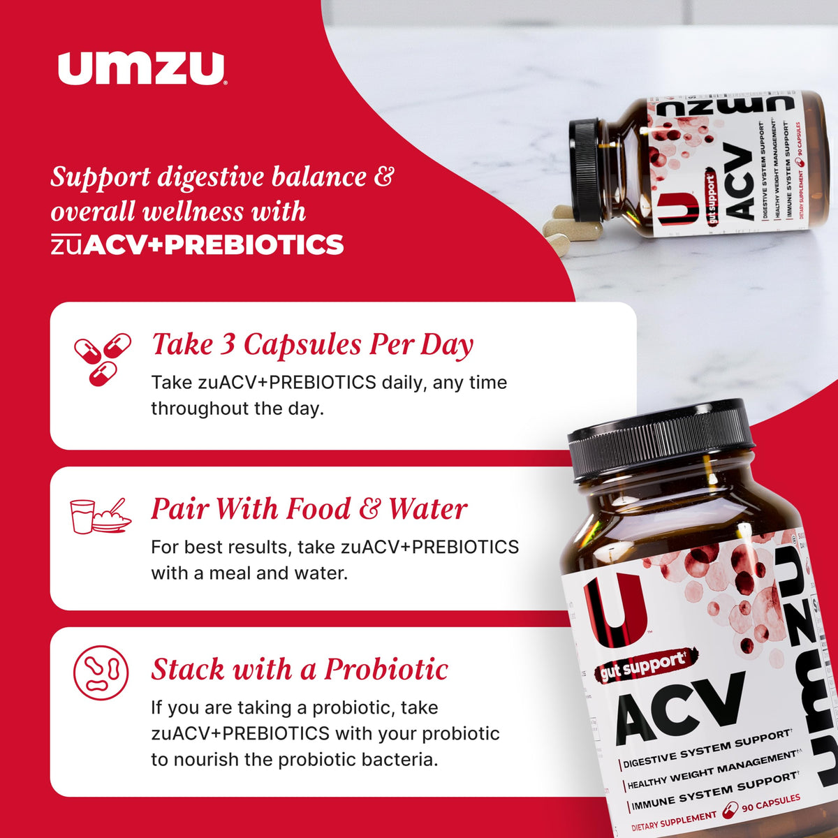 Flacon de capsules UMZU zuACV ouvert avec capsules visibles