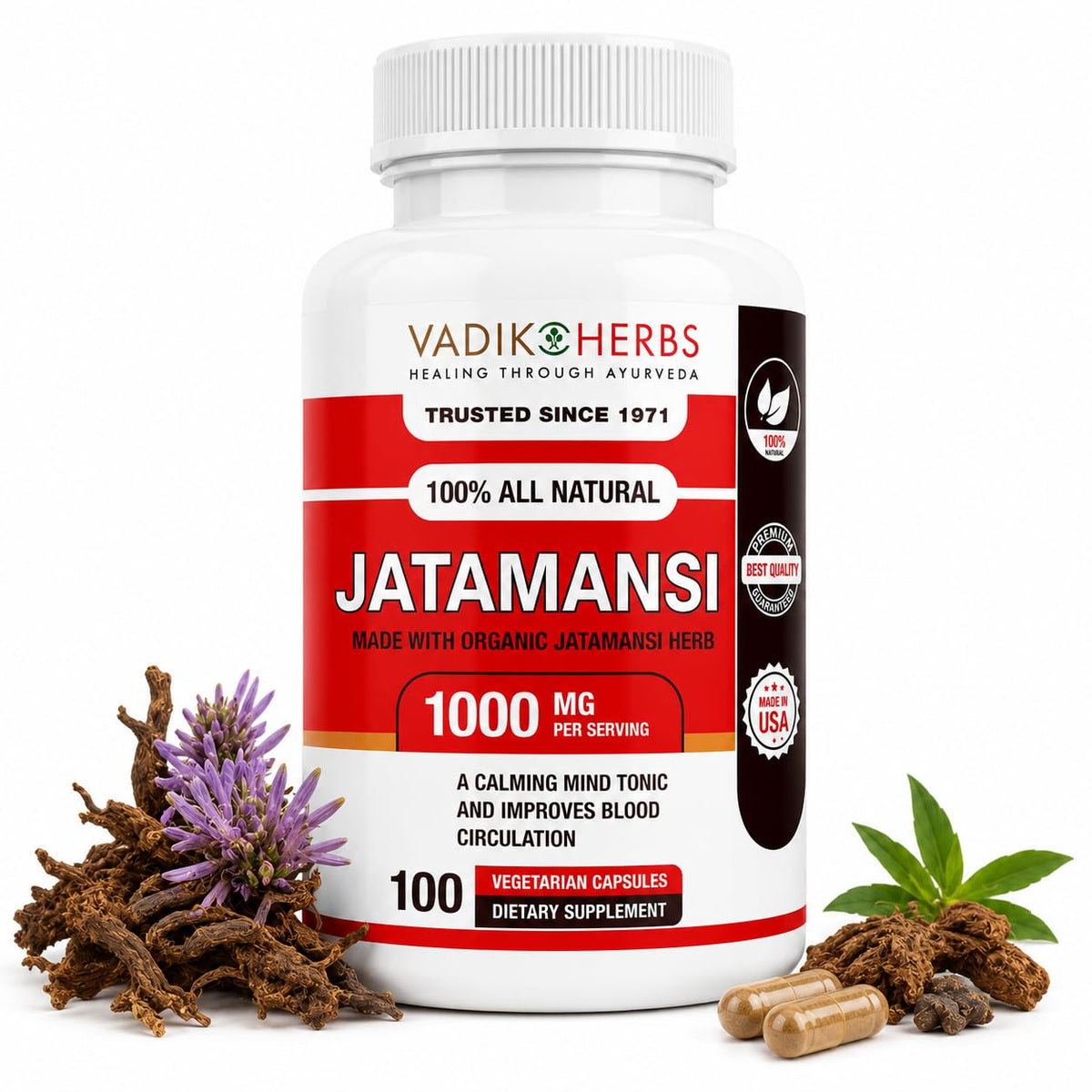 Flacon de capsules Vadik Herbs Jatamansi 1000mg, 100 capsules végétales