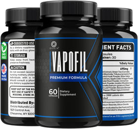 Flacon de capsules Vapofil OVICIA sur une table en bois