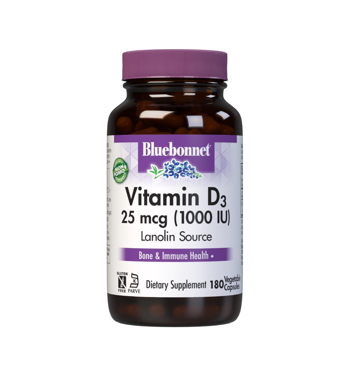 Flacon de capsules végétales BlueBonnet D3 1000 IU, 180 capsules