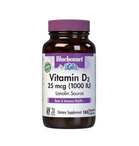 Flacon de capsules végétales BlueBonnet D3 1000 IU, 180 capsules