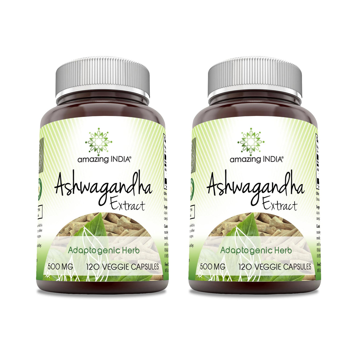 Flacon de capsules végétales d'Ashwagandha Amazing India 500 Mg, 120 unités