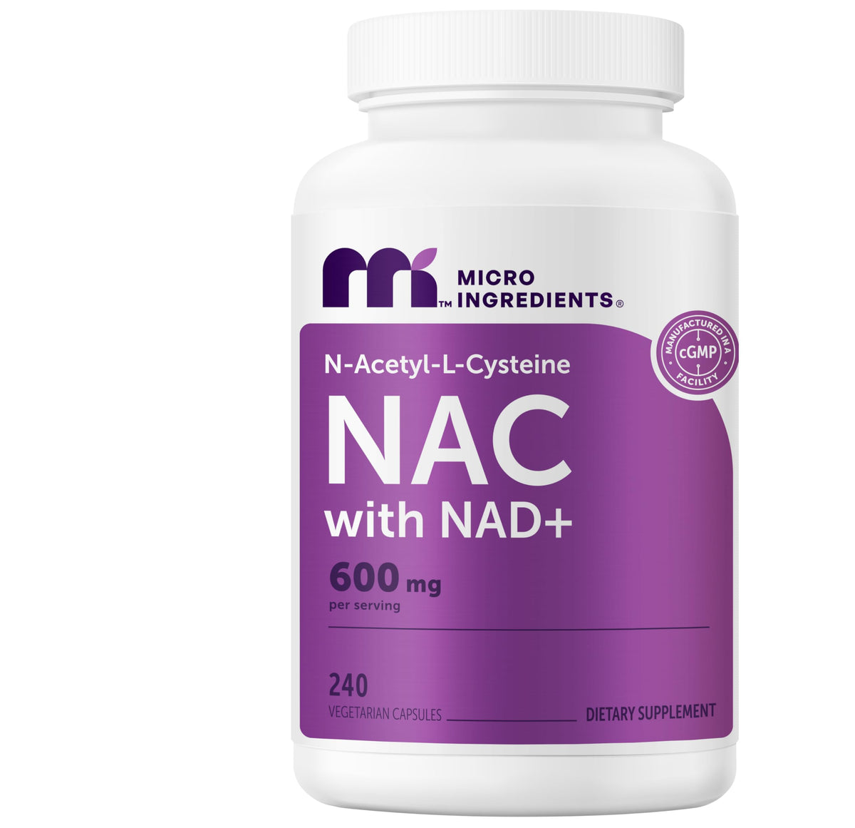 Flacon de capsules végétariennes Micro Ingredients NAC avec NAD+ 240 unités