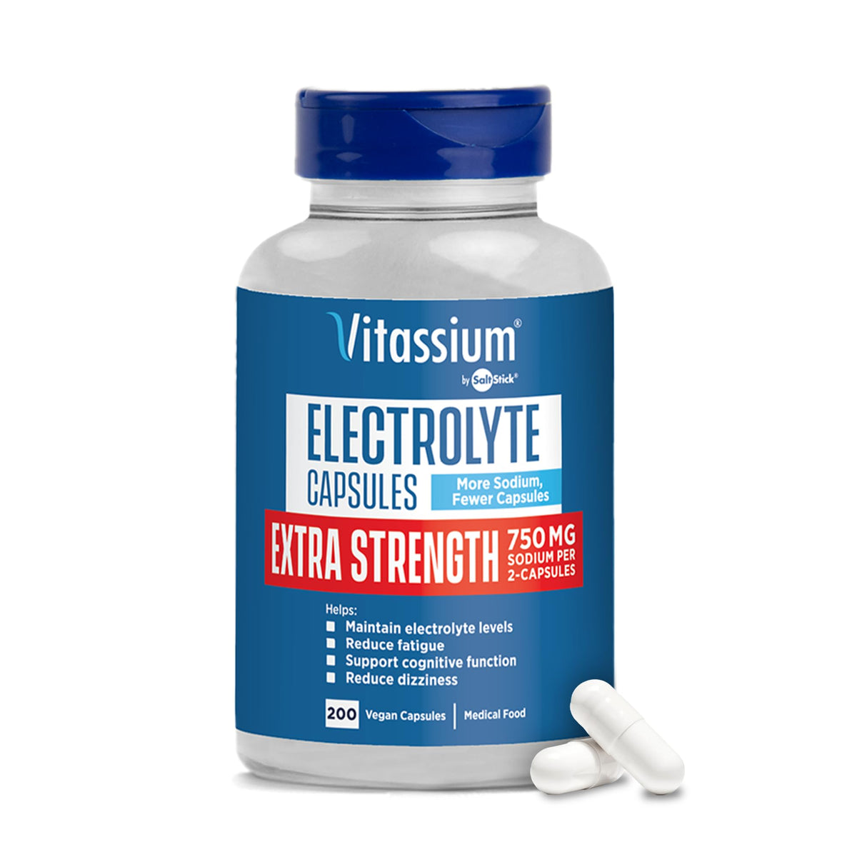 Flacon de capsules Vitassium avec 750mg de sodium et 150mg de potassium