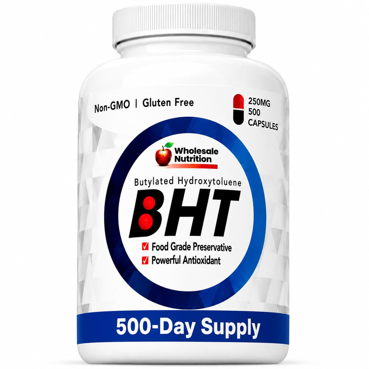 Flacon de capsules Wholesale Nutrition BHT 250mg vue avant