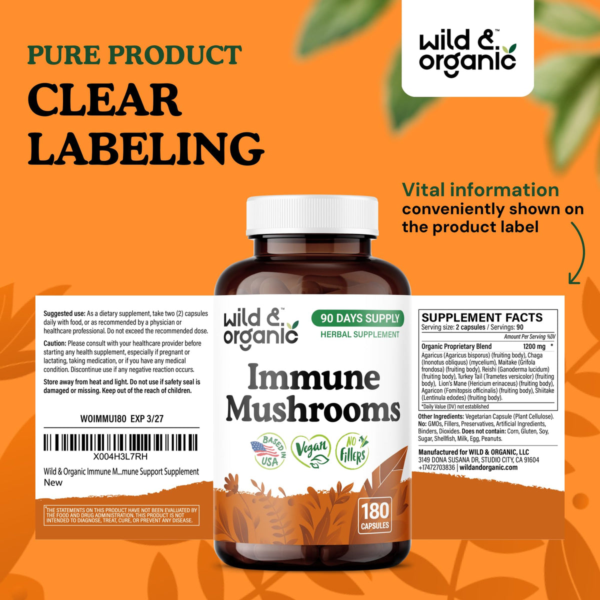 Flacon de capsules Wild & Organic avec dosage recommandé sur l'étiquette