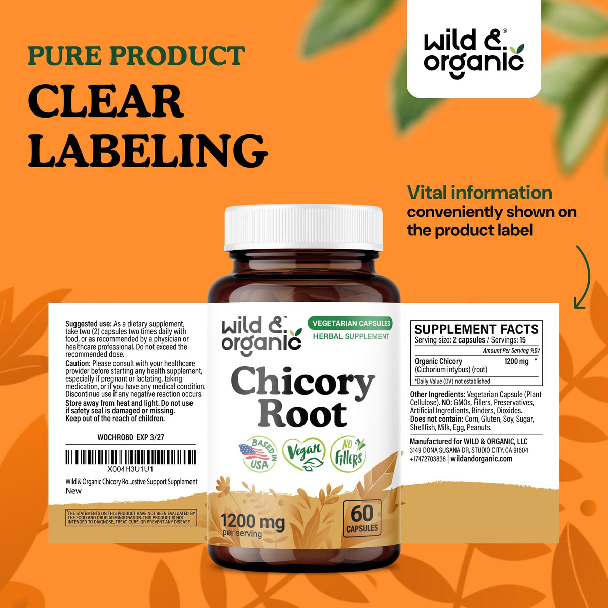 Flacon de capsules Wild & Organic avec étiquette visible