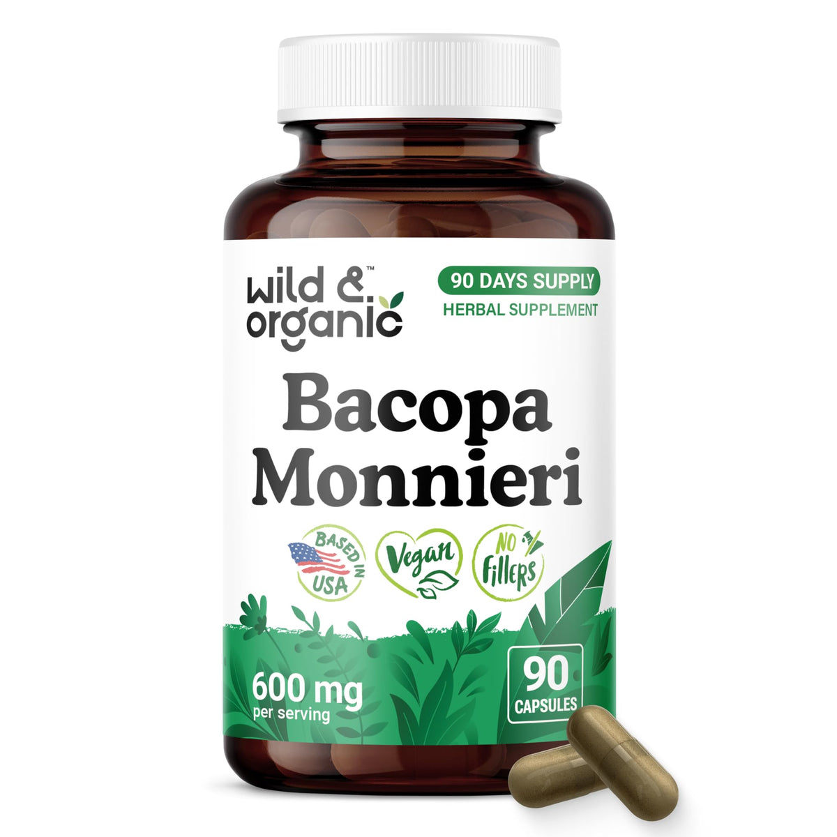 Flacon de capsules Wild & Organic Bacopa 600 mg, vue avant
