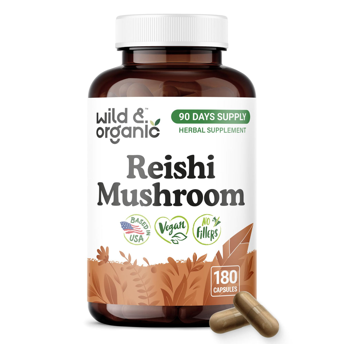 Flacon de capsules Wild & Organic de champignon Reishi 1000mg, 180 capsules