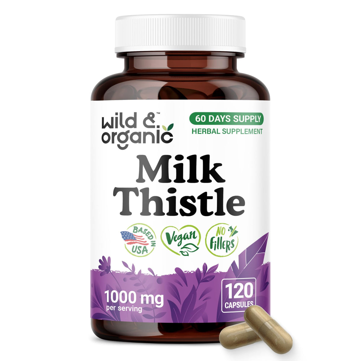 Flacon de capsules Wild & Organic de chardon-marie 1000mg, vue avant
