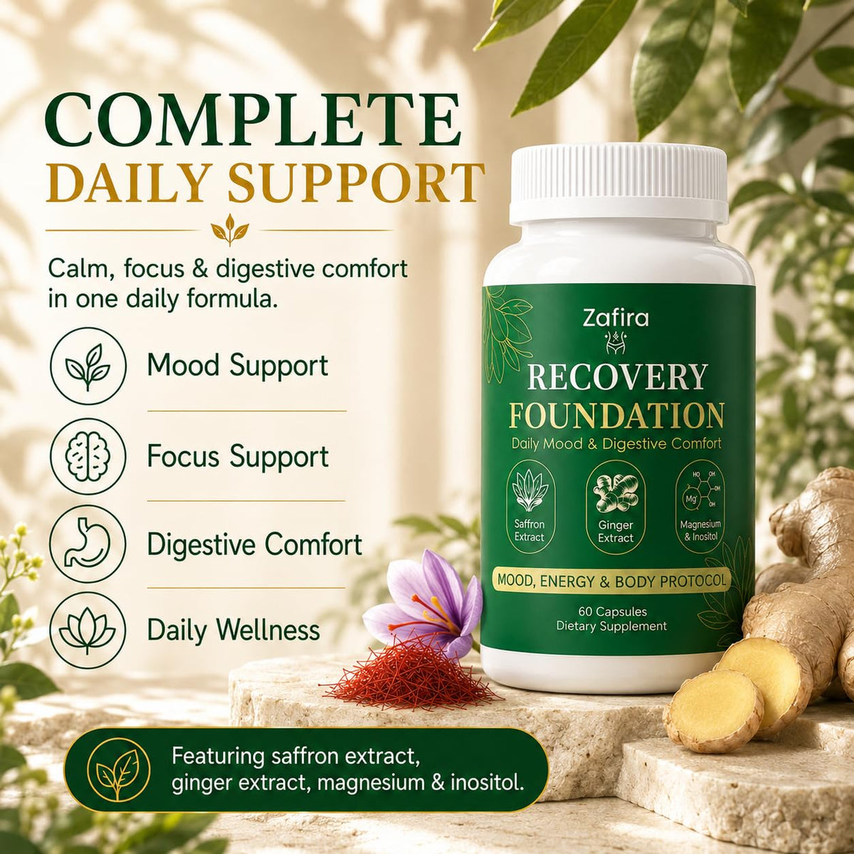 Flacon de capsules Zafira Organics de VSRSUKE avec étiquette visible