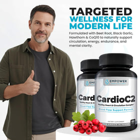 Flacon de CardioC2 d'Empower Health Labs avec une main tenant une capsule