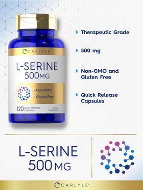 Flacon de Carlyle L-Serine 500 mg sur une table avec un fond naturel