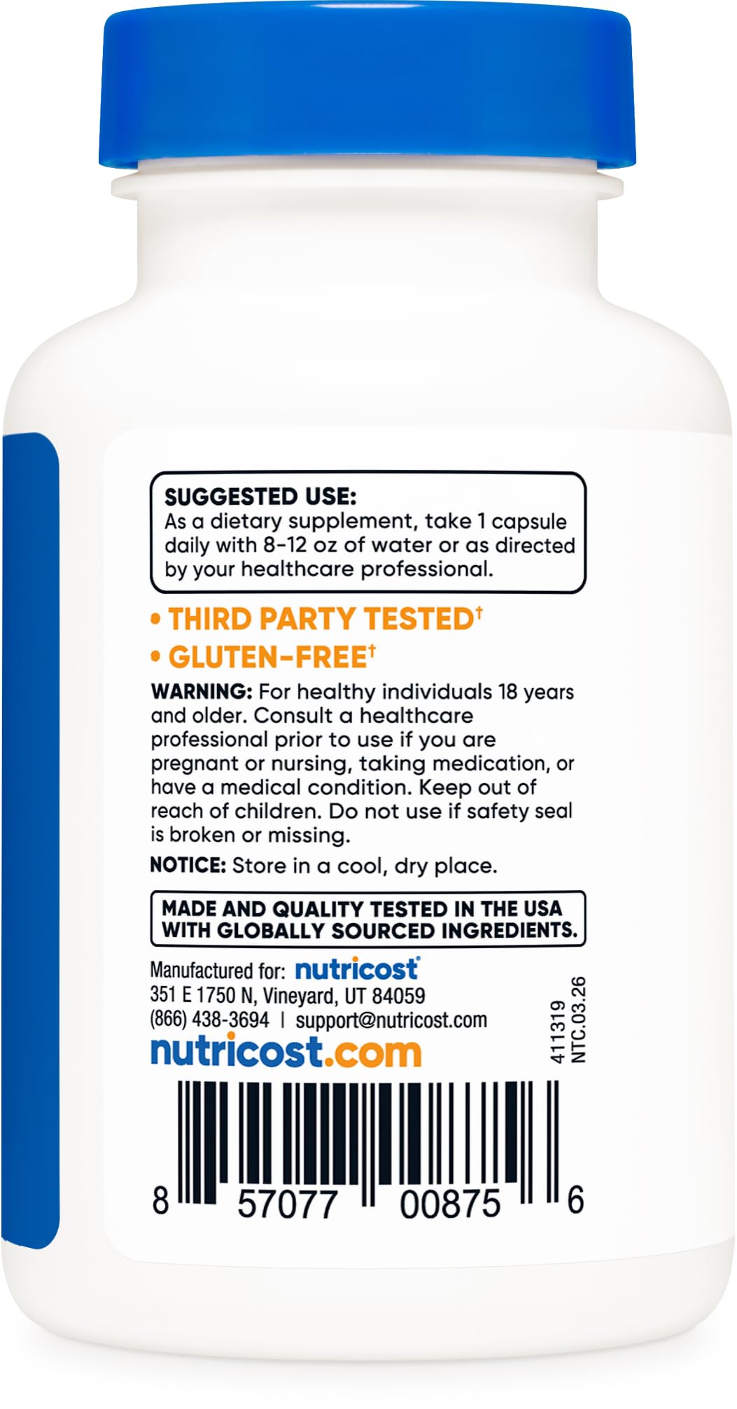 Flacon de CDP Choline Nutricost avec étiquette visible