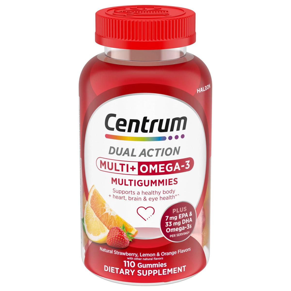 Flacon de Centrum MultiGummies Multi+ Omega 3 110 gommes saveurs fruits assortis
