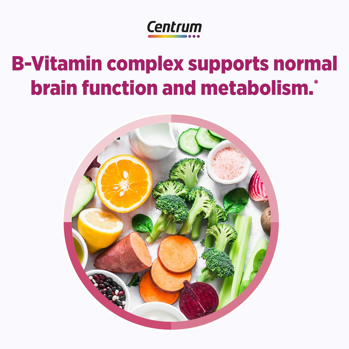 Flacon de Centrum Multivitamine Complète ouvert avec comprimés visibles