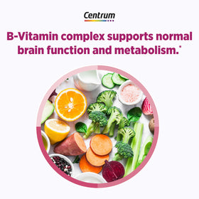 Flacon de Centrum Multivitamine Complète ouvert avec comprimés visibles