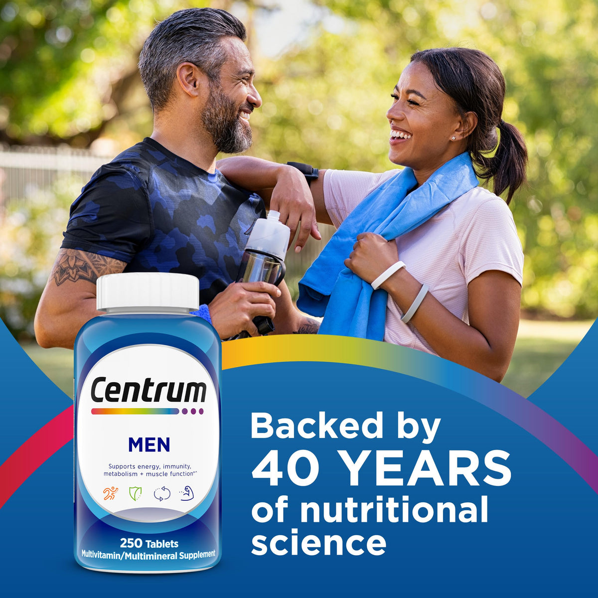 Flacon de Centrum Multivitamines pour Hommes avec arrière-plan naturel