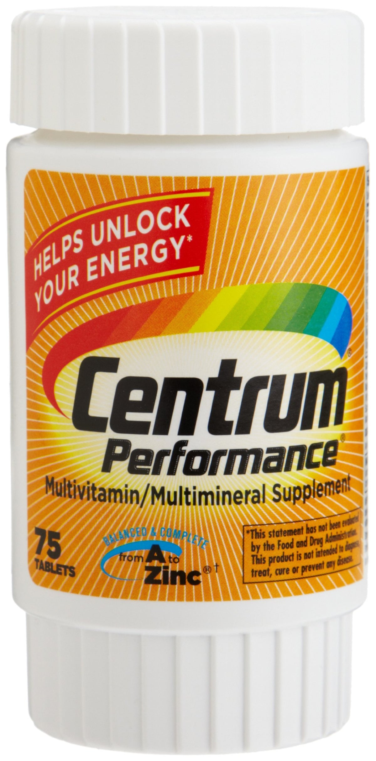 Flacon de Centrum Performance 75 comprimés avec étiquette détaillant les ingrédients