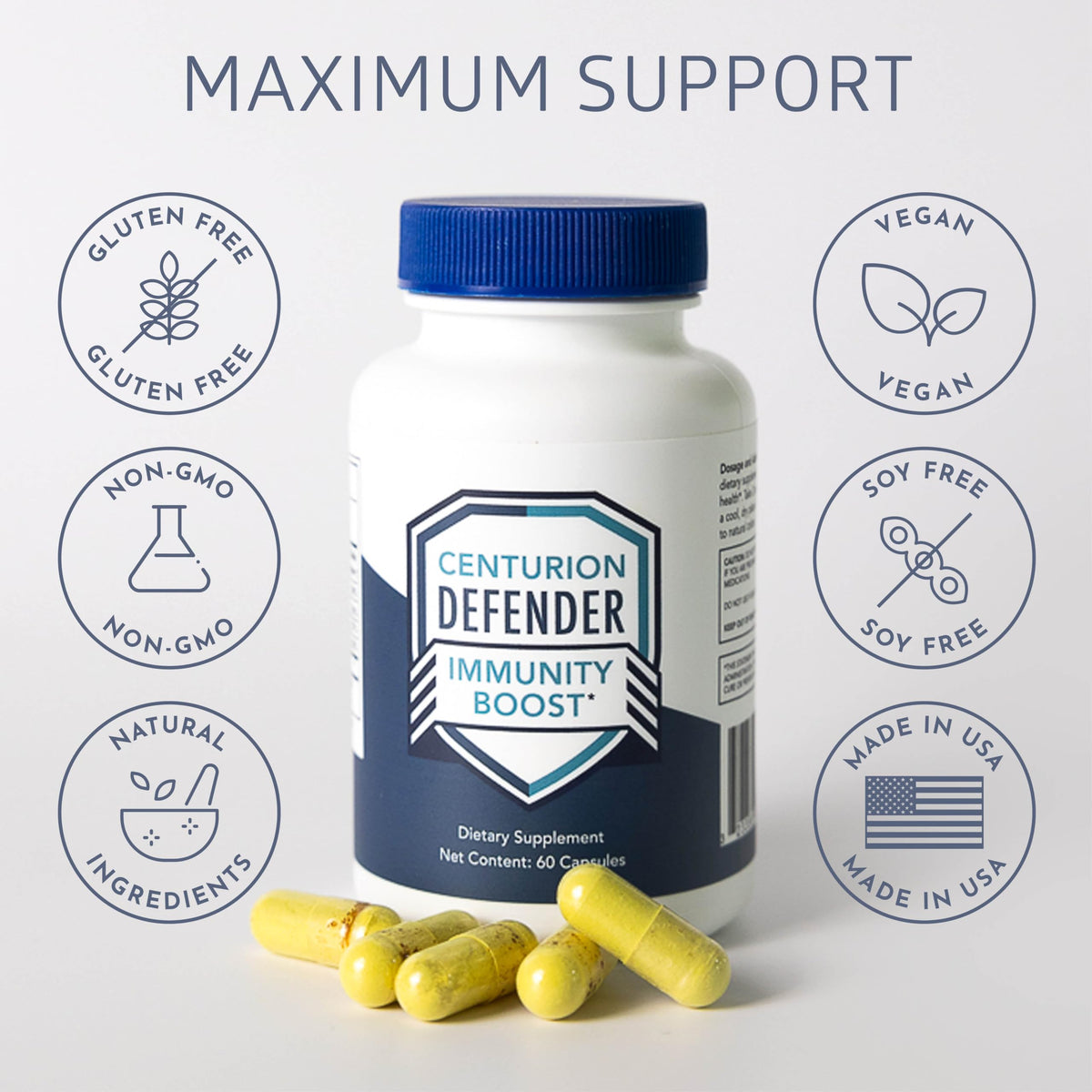 Flacon de Centurion Health Defender ouvert avec capsules à l'intérieur