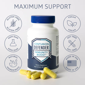 Flacon de Centurion Health Defender ouvert avec capsules à l'intérieur