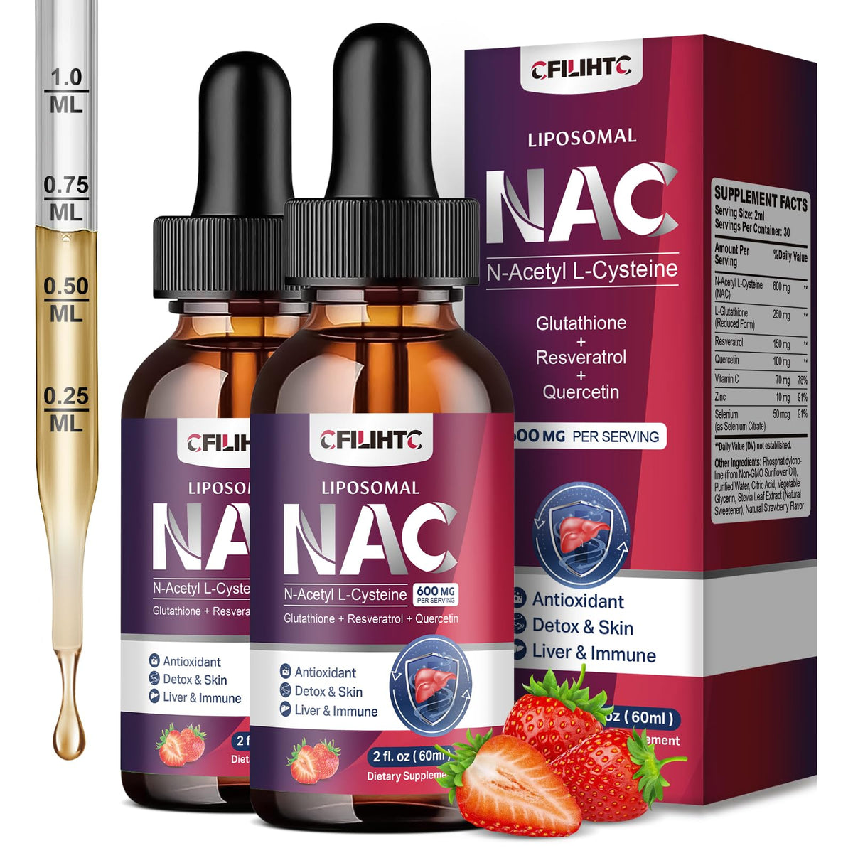 Flacon de CFILIHTC Complément Alimentaire Liquide NAC 600mg Saveur Fraise