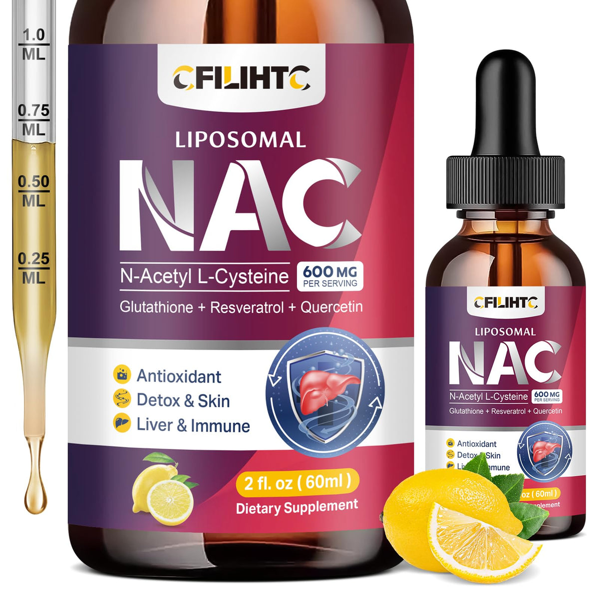 Flacon de CFILIHTC NAC 600mg liquide au citron, vue de face