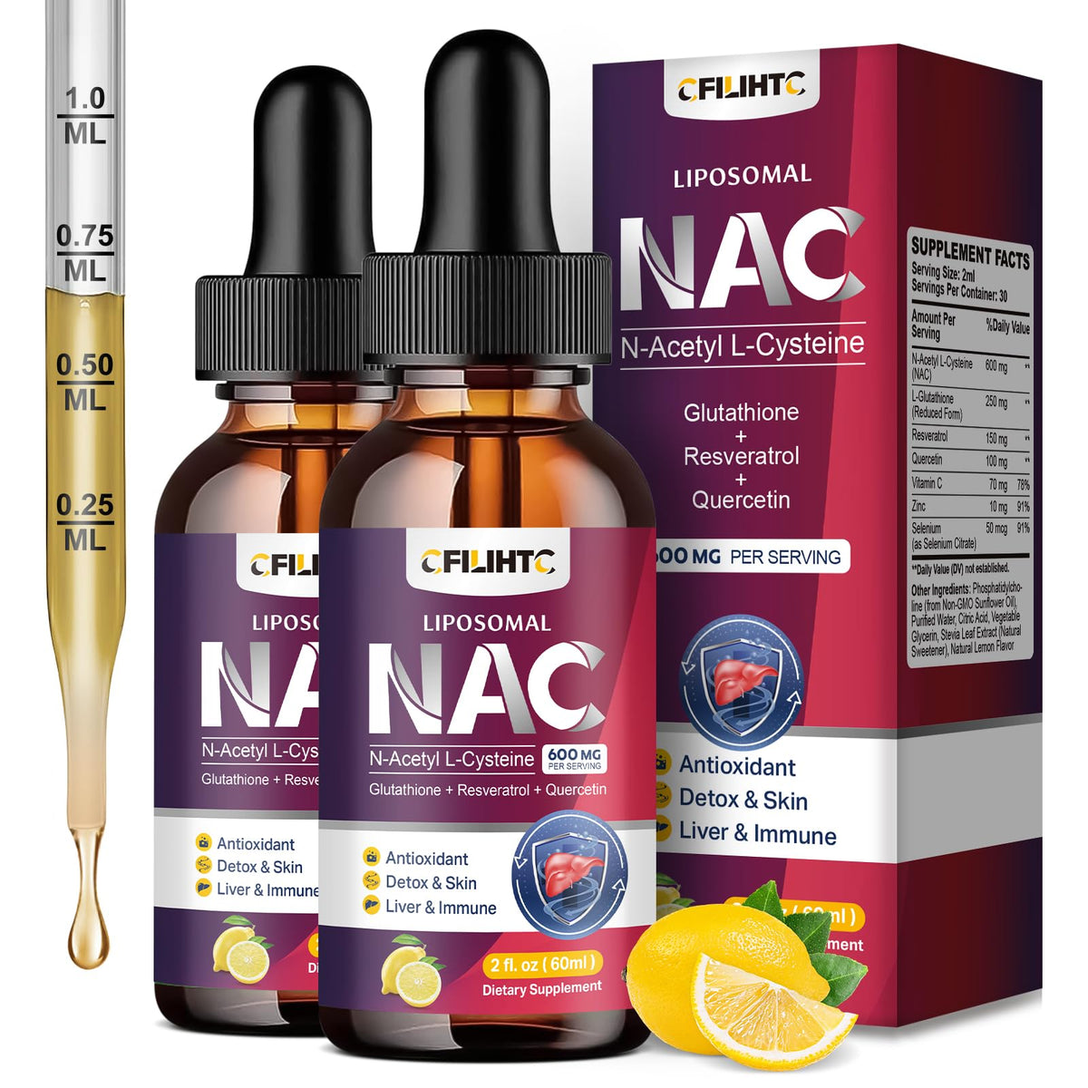 Flacon de CFILIHTC NAC liquide 600mg au citron vue de face