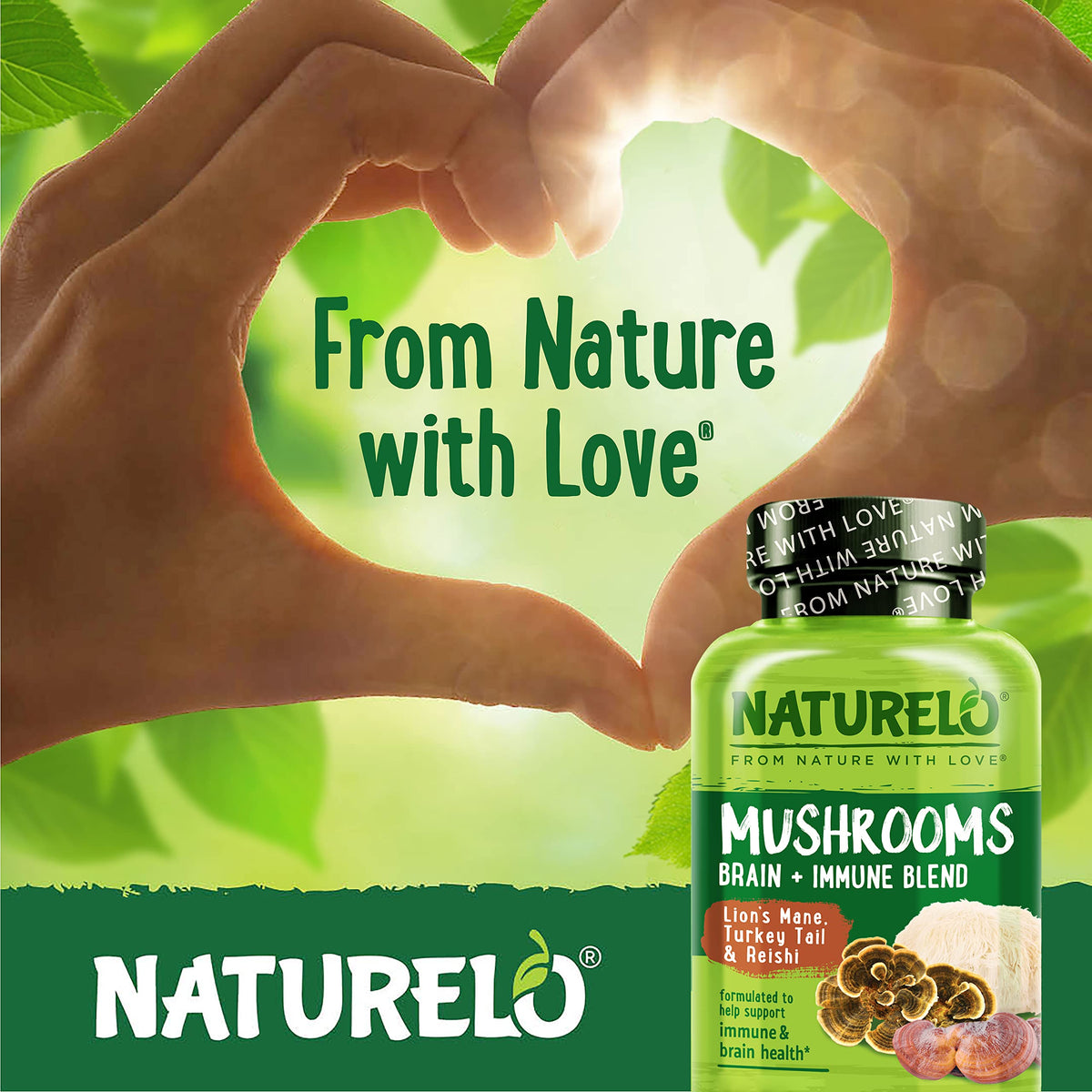 Flacon de champignons NATURELO sur une table en bois