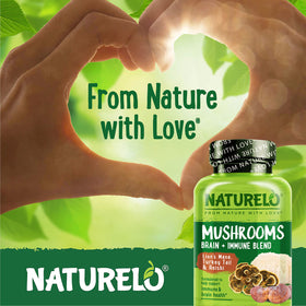 Flacon de champignons NATURELO sur une table en bois