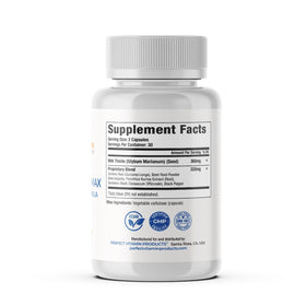 Flacon de Chardon-Marie Max 580mg sur une table avec des herbes
