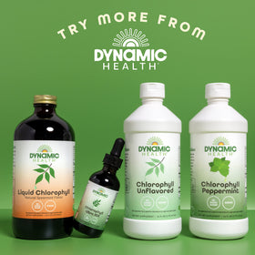 Flacon de chlorophylle liquide Dynamic Health sur un fond naturel