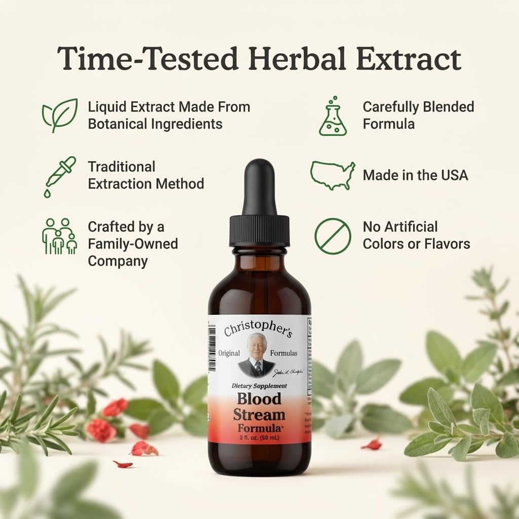 Flacon de Christopher's Blood Stream Formula sur une surface en bois