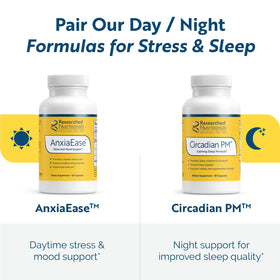 Flacon de Circadian PM de Researched Nutritionals ouvert montrant les capsules