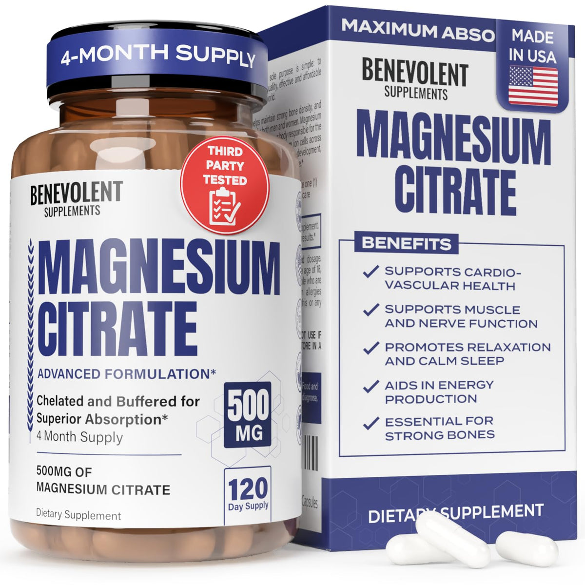 Flacon de citrate de magnésium Benevolent 500mg, 120 capsules