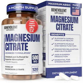 Flacon de citrate de magnésium Benevolent 500mg, 120 capsules