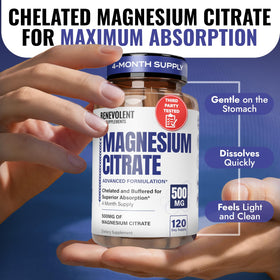 Flacon de citrate de magnésium Benevolent ouvert avec capsules visibles