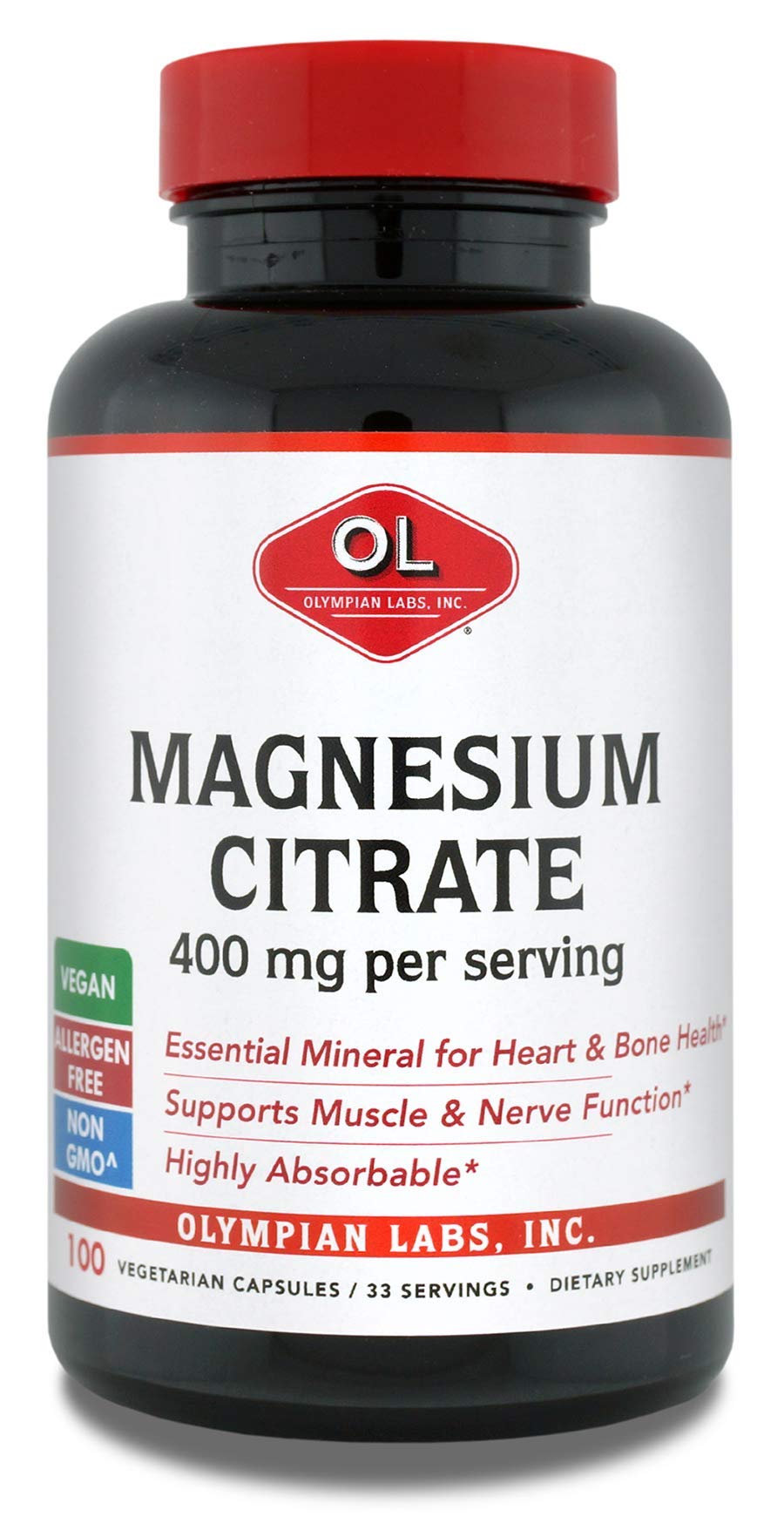 Flacon de citrate de magnésium Olympian Labs 400mg, 100 capsules