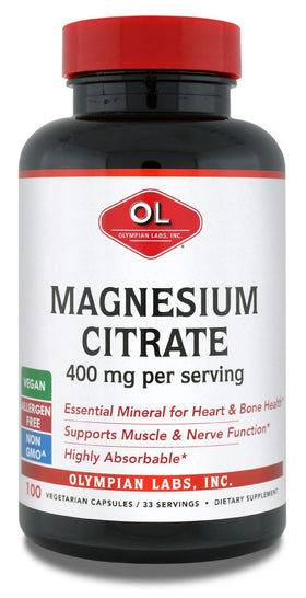 Flacon de citrate de magnésium Olympian Labs 400mg, 100 capsules