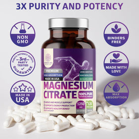 Flacon de citrate de magnésium pur ouvert avec des capsules visibles