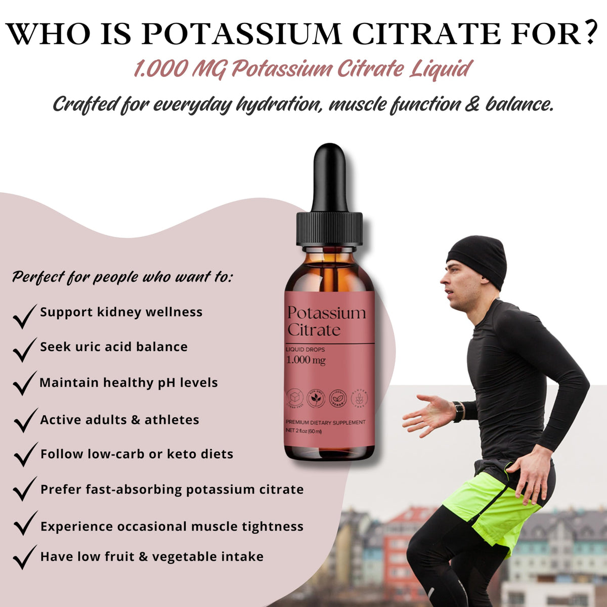 Flacon de citrate de potassium D L S sur fond blanc