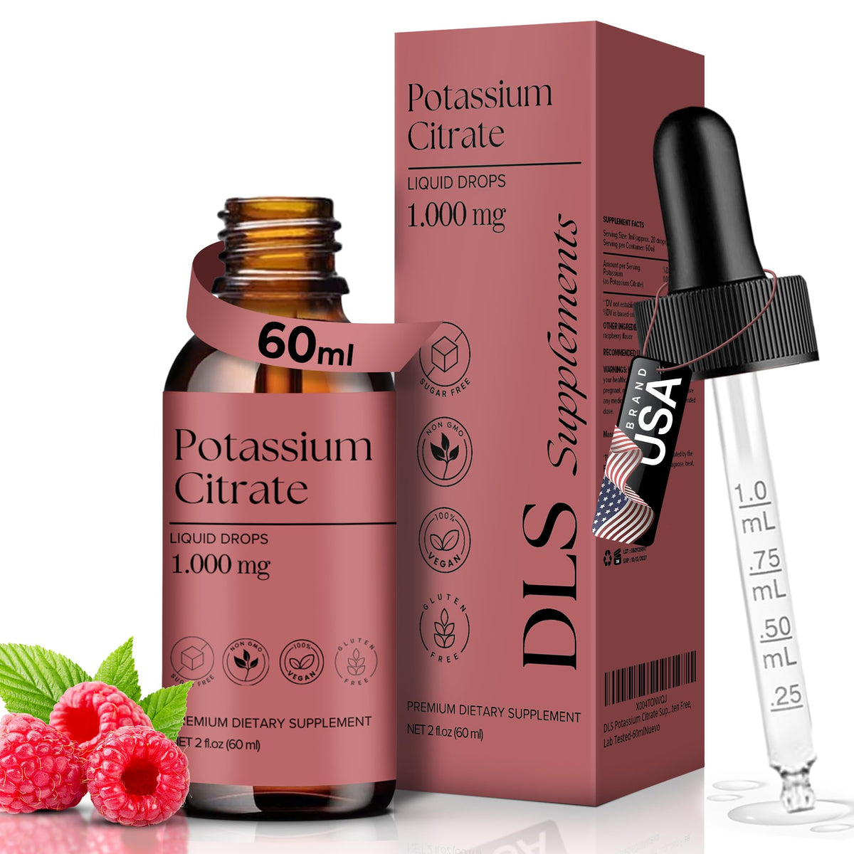 Flacon de citrate de potassium liquide D L S 1000 mg avec compte-gouttes