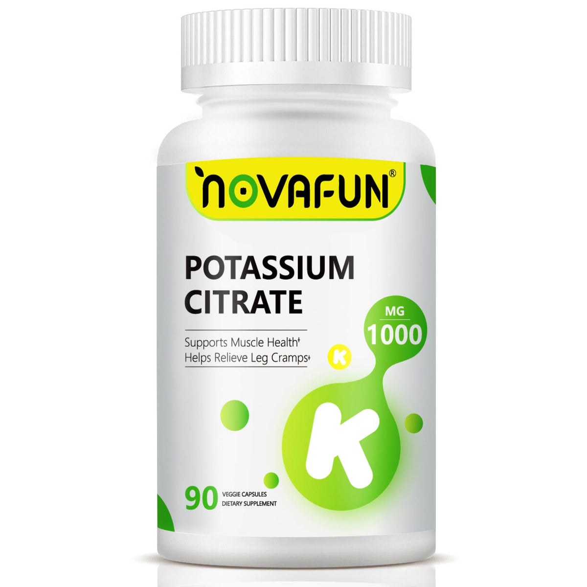 Flacon de citrate de potassium Novafun 1000mg 90 capsules vue de face