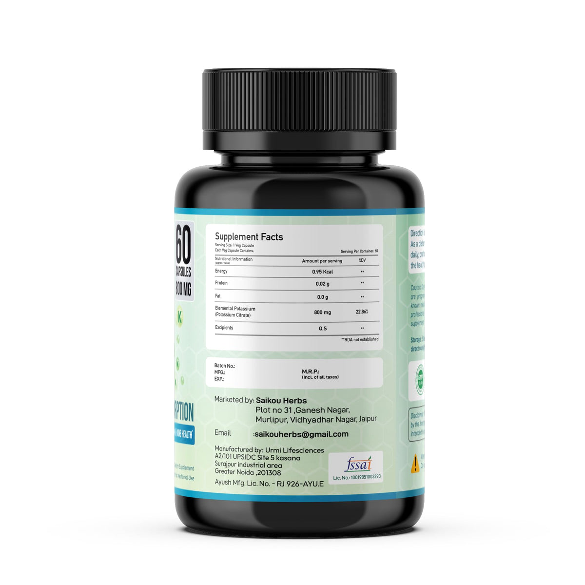 Flacon de citrate de potassium SAIKOU HERBS et capsules à côté