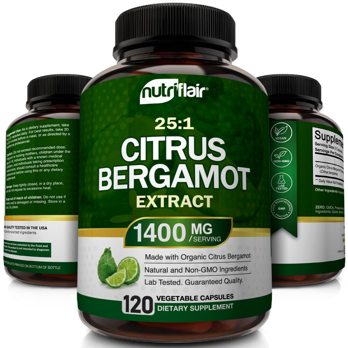 Flacon de Citrus Bergamot NutriFlair ouvert montrant les capsules