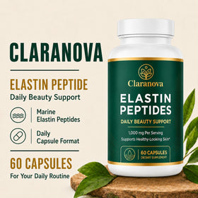 Flacon de Claranova Peptides d'Élastine ouvert avec capsules visibles