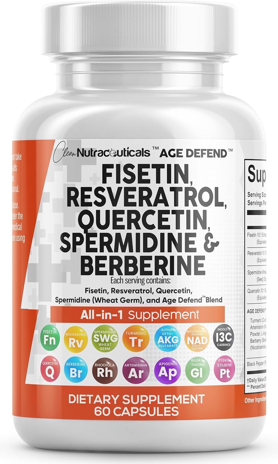 Flacon de Clean Nutraceuticals Fisetin Quercétine Resvératrol 60 capsules