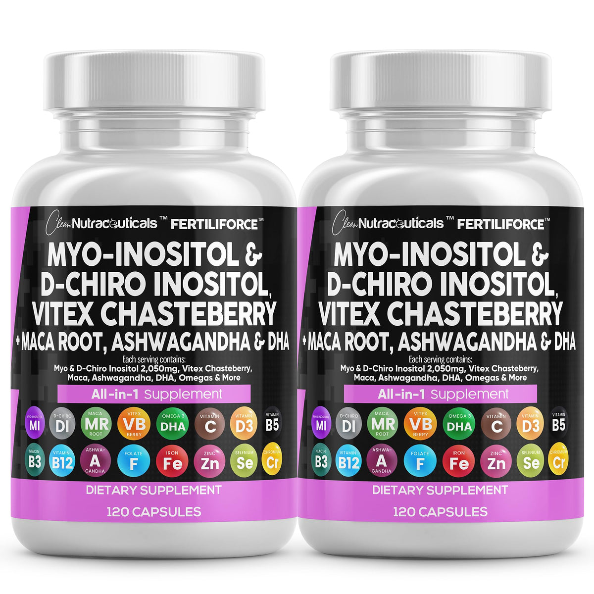 Flacon de Clean Nutraceuticals Myo-Inositol et D-Chiro Inositol 2050mg vue de face