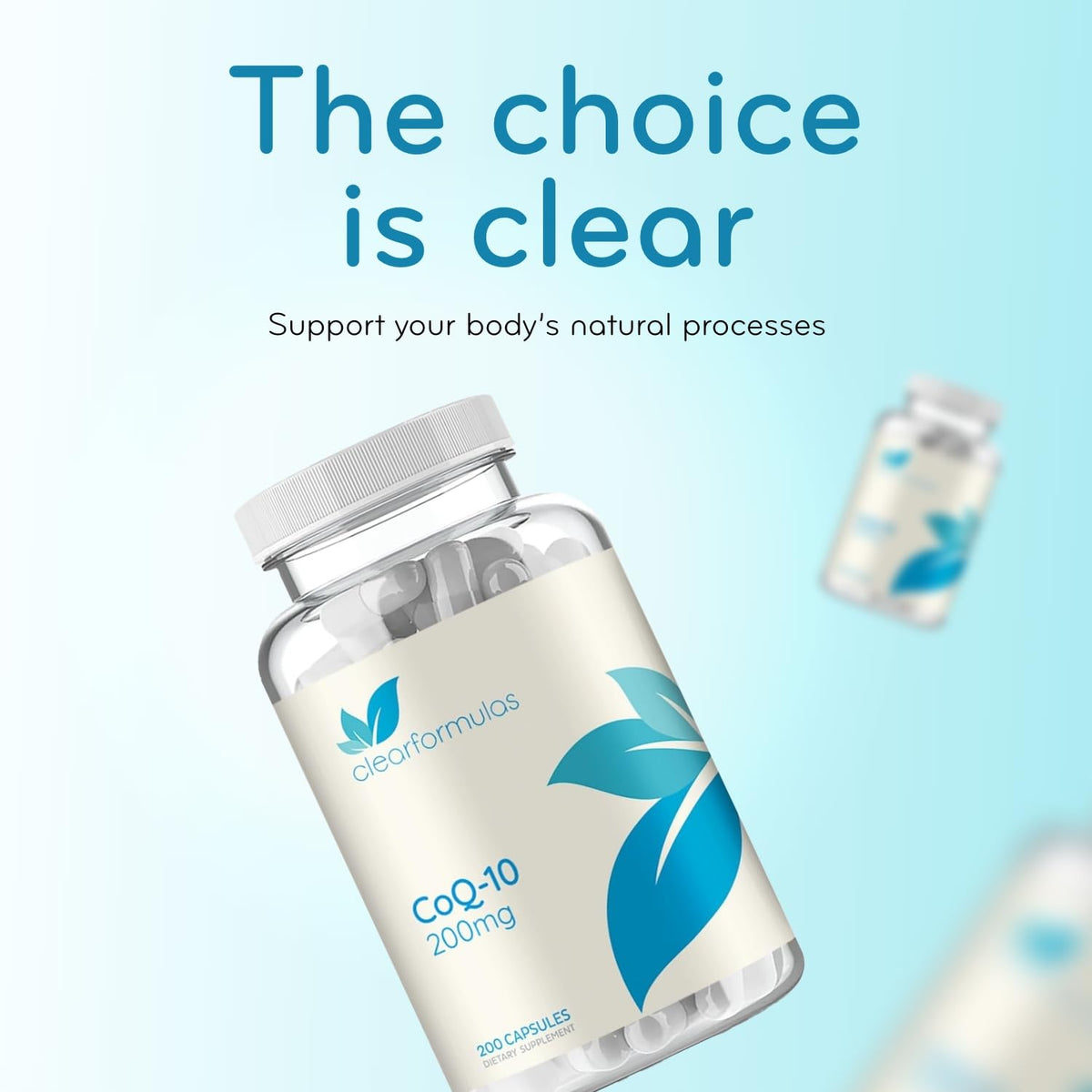 Flacon de Clear Formulas CoQ10 200mg avec vue d'ensemble